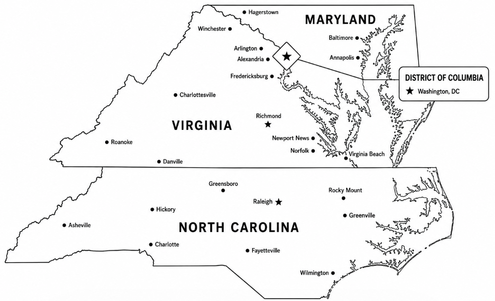 Silhouette of the state of Virginia in black against a white background.