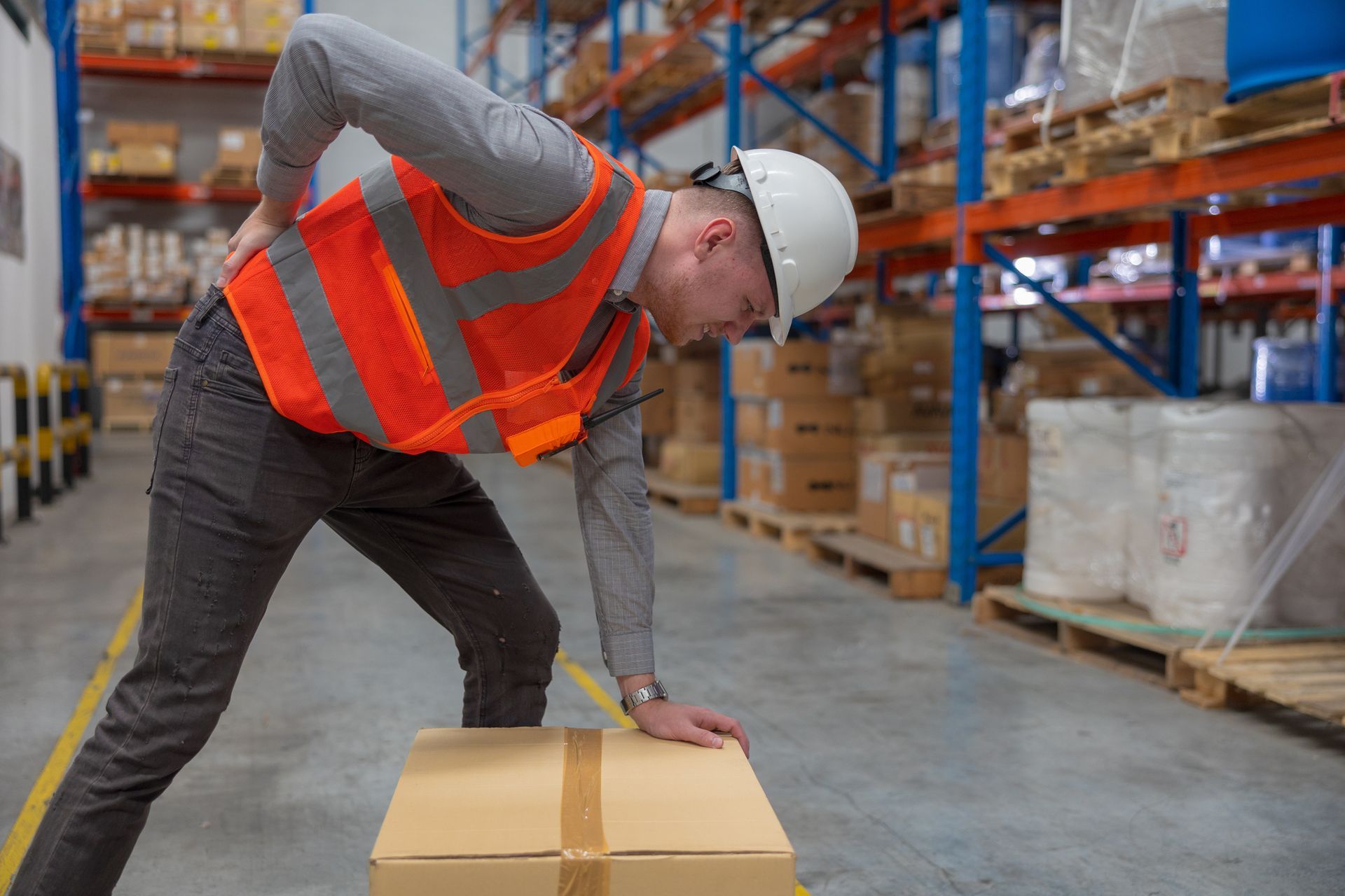 A man is holding his back while lifting a box in a warehouse.