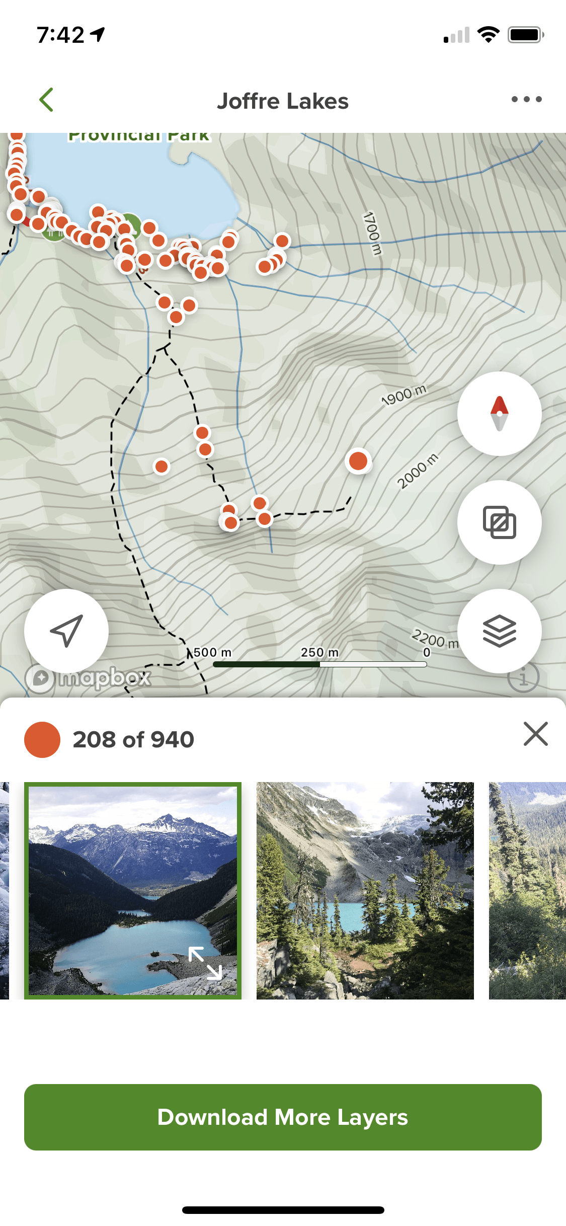 Screenshot of map of the Joffre lakes provincial park in the AllTrails app