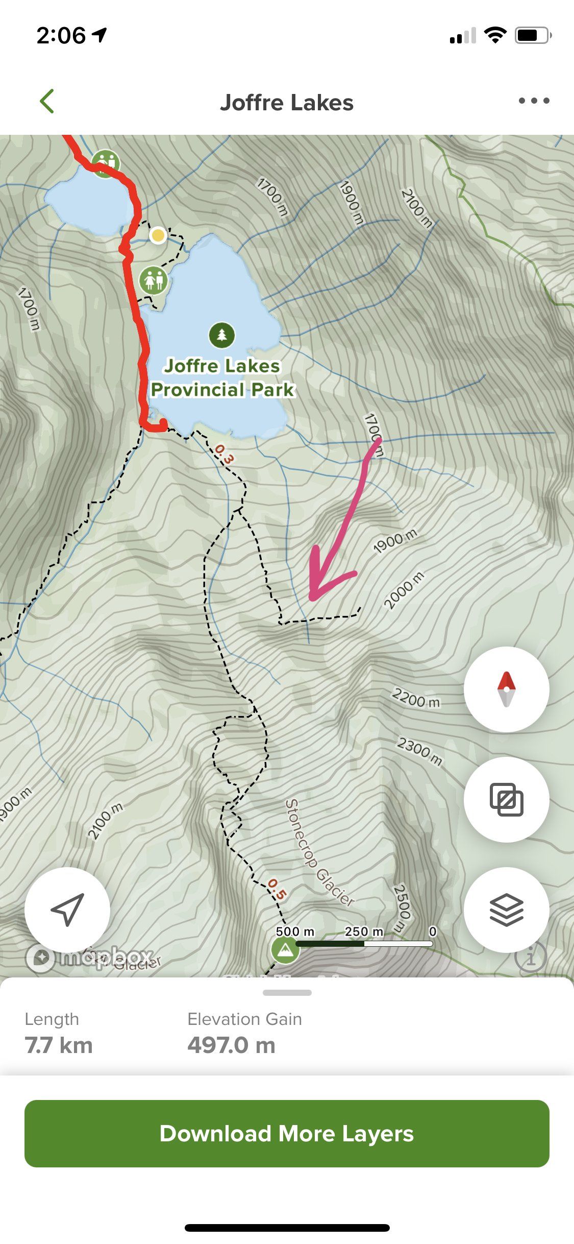 Screenshot of map of the Joffre lakes provincial park in the AllTrails app