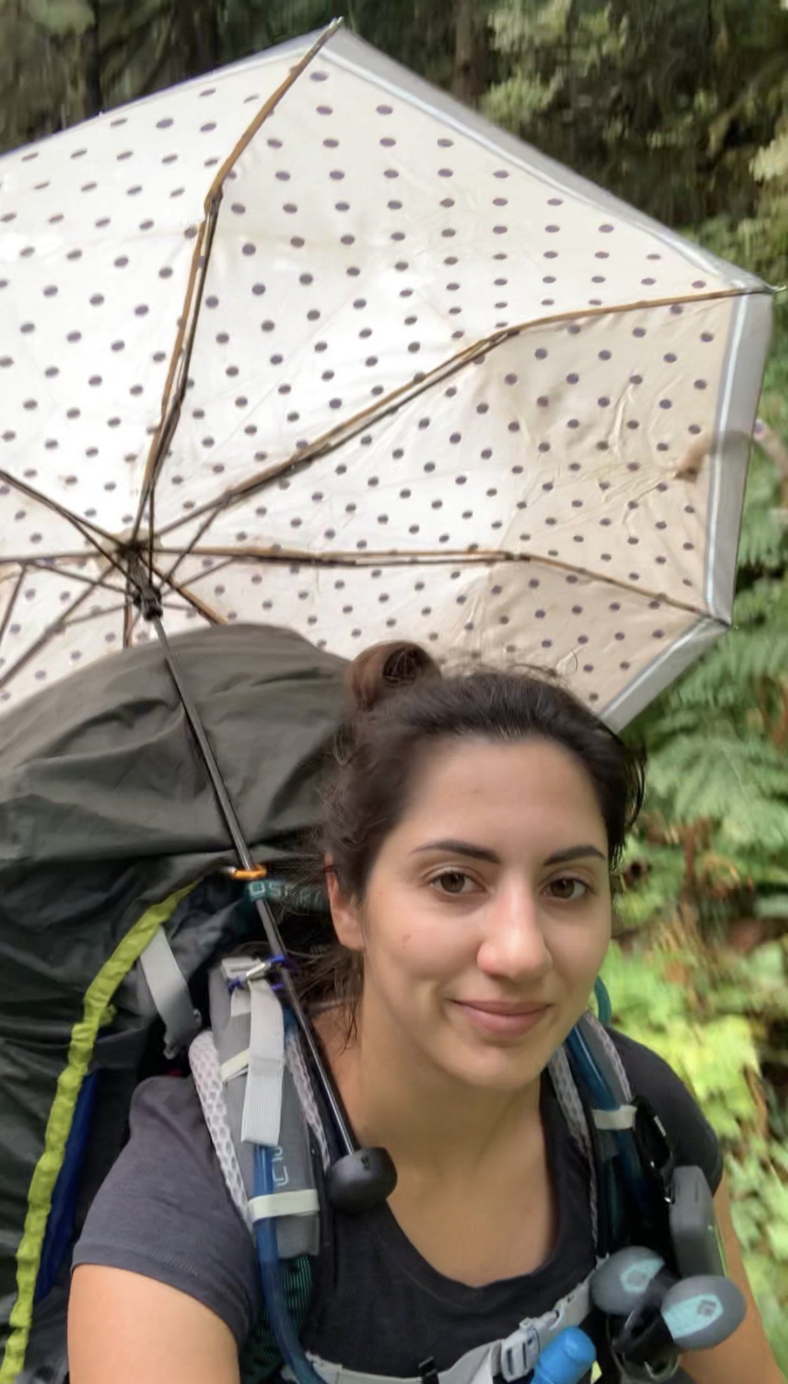 Hiking with umbrella at Golden Ears park, BC, Canada
