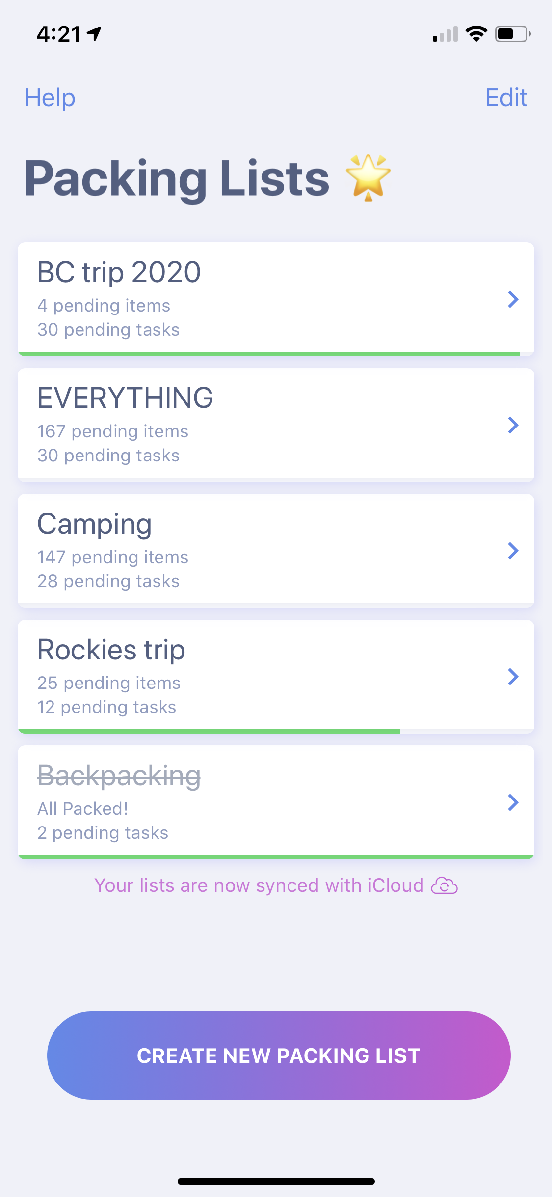 Packing List is a great iphone app for remembering what to pack. It allows creating multiple packing lists.