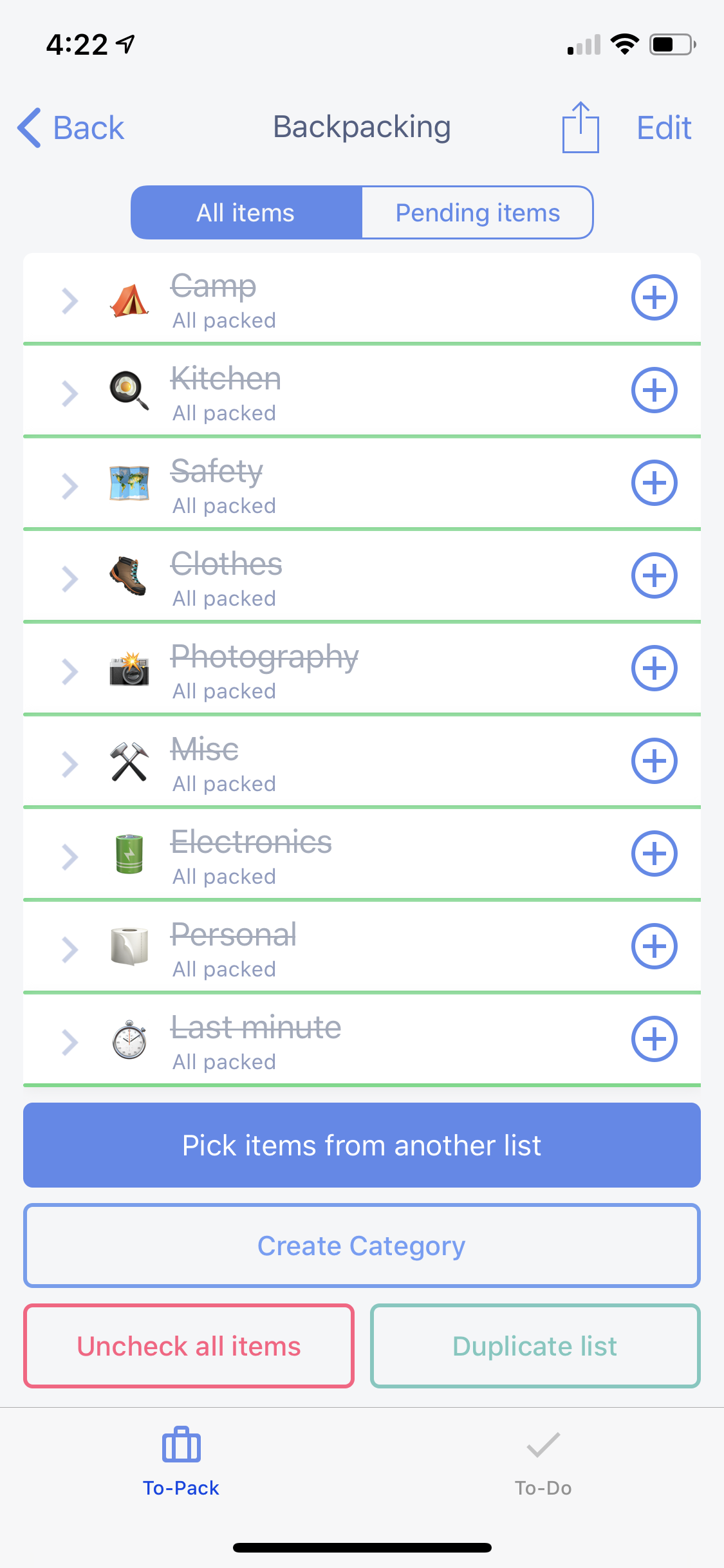 I use Packing List whenever I'm getting ready for backcountry camping. It helps me to ensure I forget nothing important.