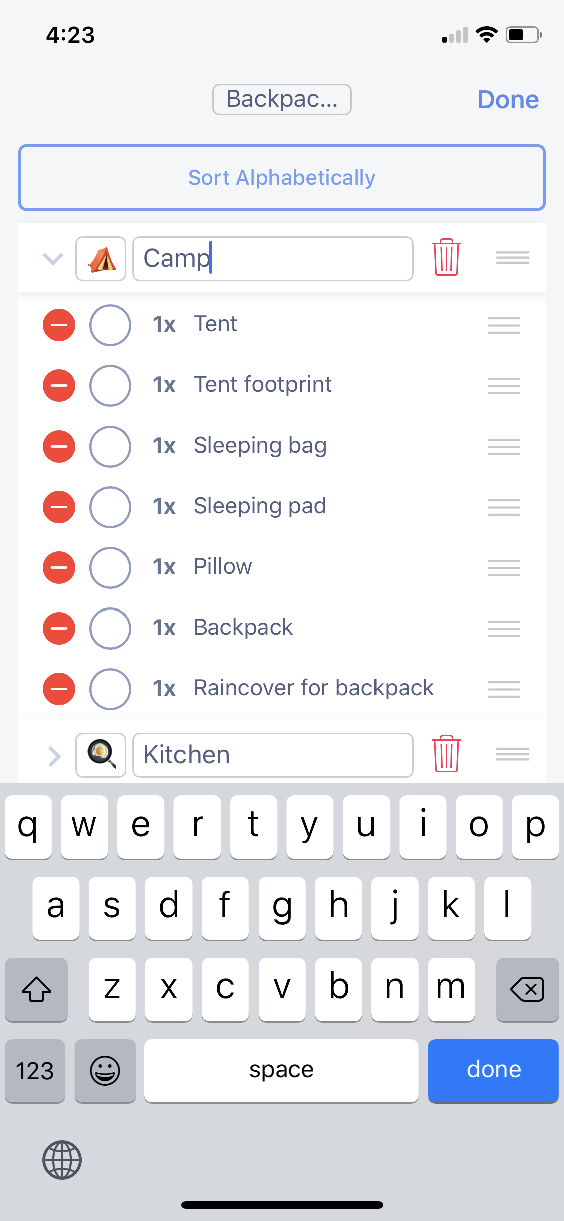 Packing List is my go-to app while packing for a backpacking trip. You can edit categories and items however you like.
