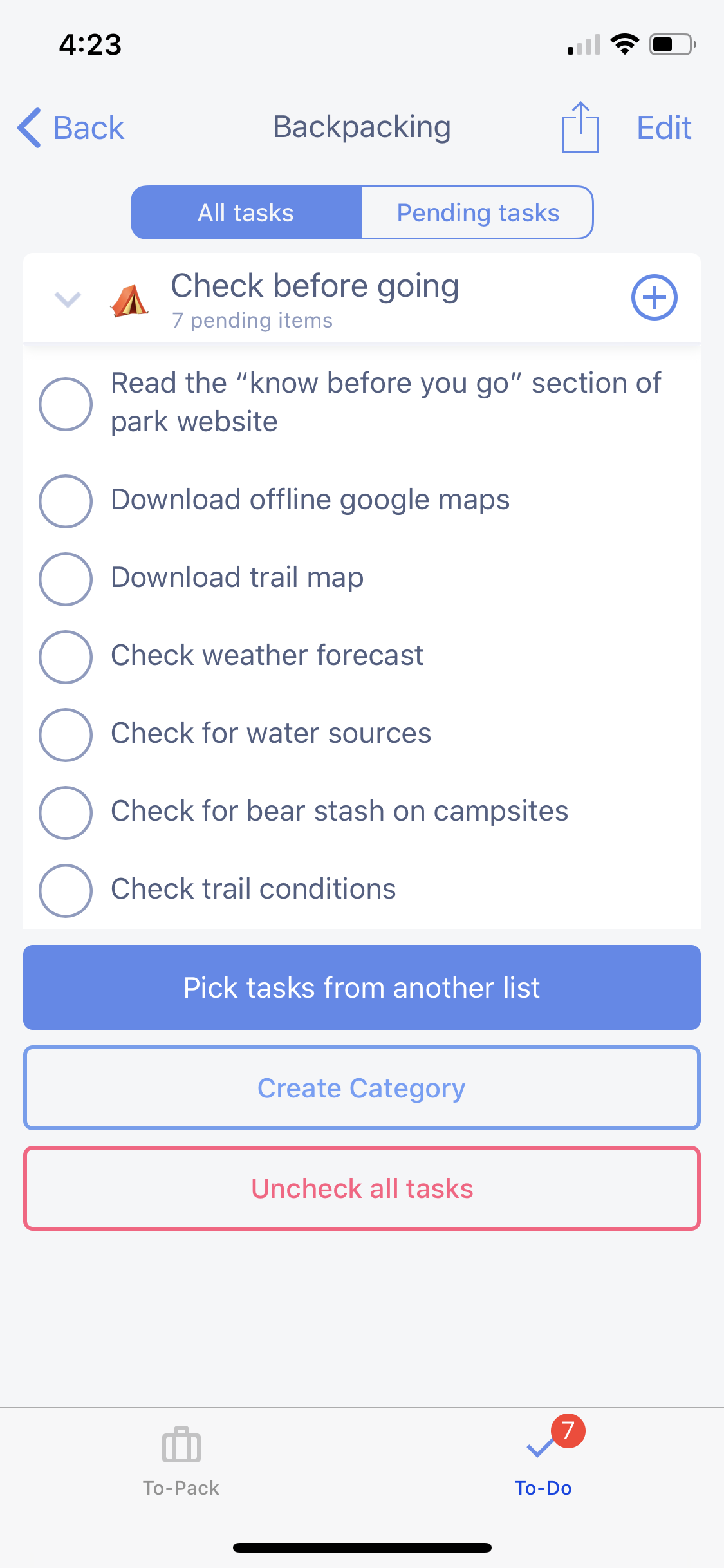 Another useful feature of the Packing List app is that every packing list has a built-in to-do list. Never forget to check for water sources again!