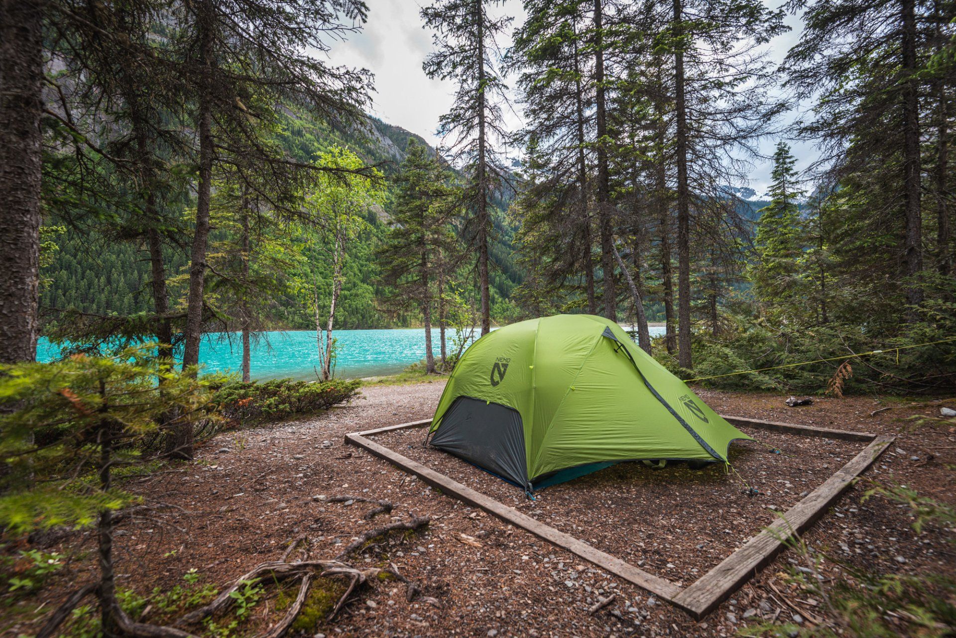 Tent pad with Dragonfly 2p on Kinney lake, Berg lake trail, Mt Robson park, BC, Canada