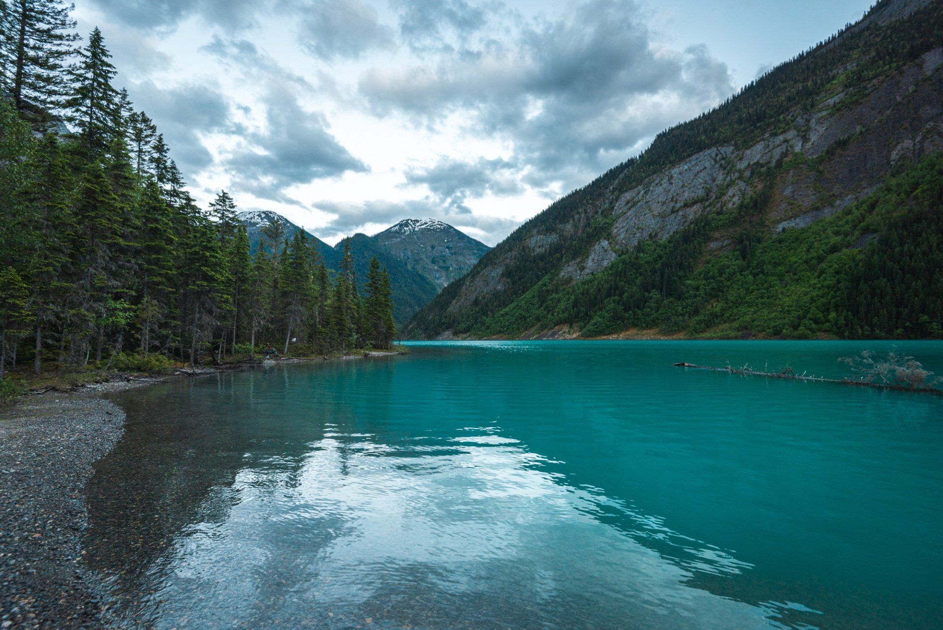 Dusk at Kinney lake, Mt Robson park, BC, Canada. Turquoise lake and mountains