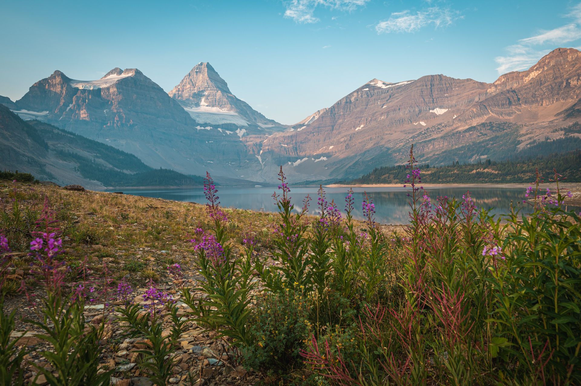 View of Magog lake and mount Assiniboine on sunrise