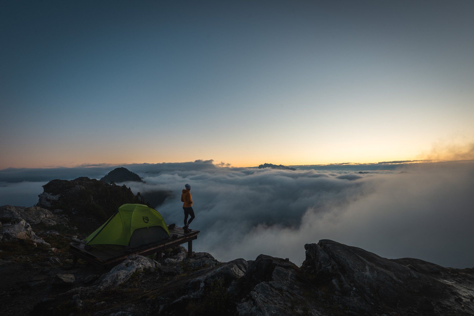 View of a tent and cloud inversion on the Panorama Ridge at Golden Ears mountain, BC, Canada