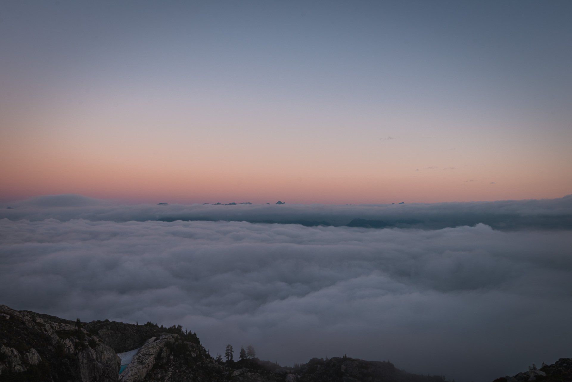 View to the west at sunrise from panorama ridge at Golden Ears park, BC, Canada