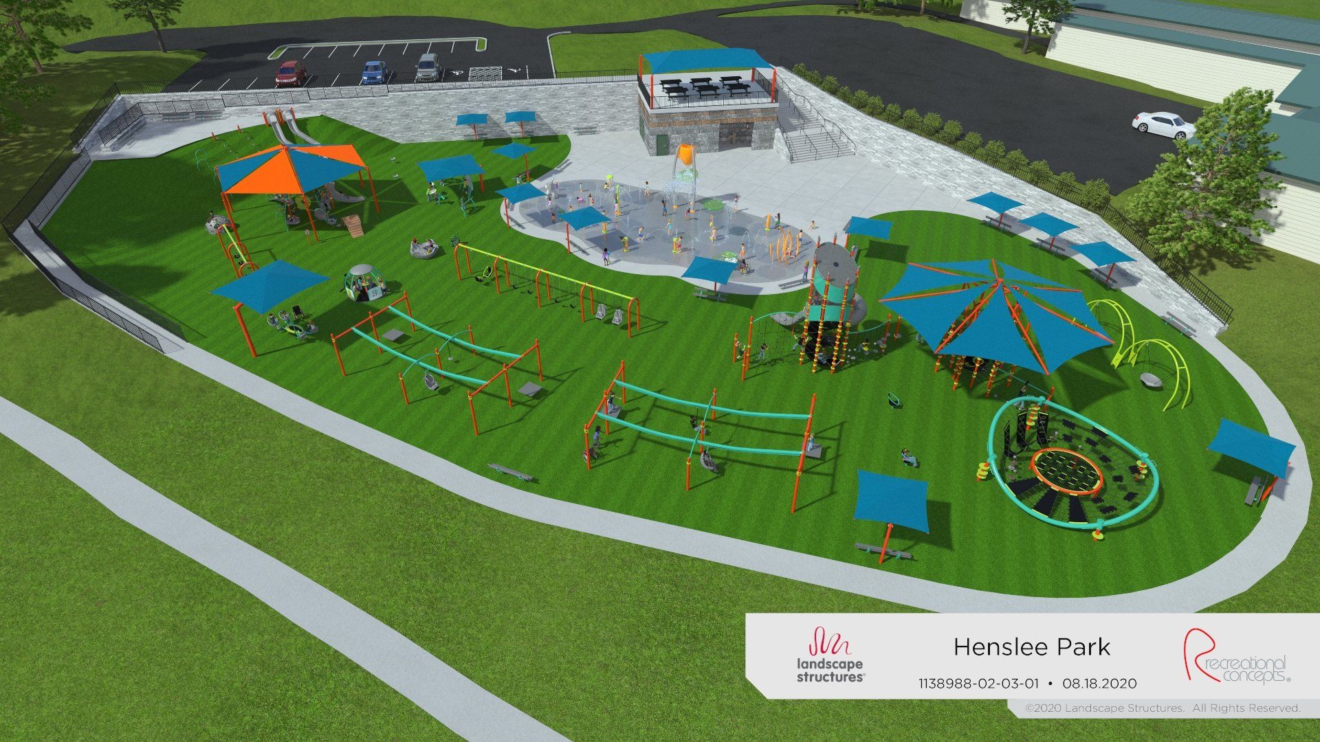 Conceptual drawing of a proposed splash pad and playground in Henslee Park.