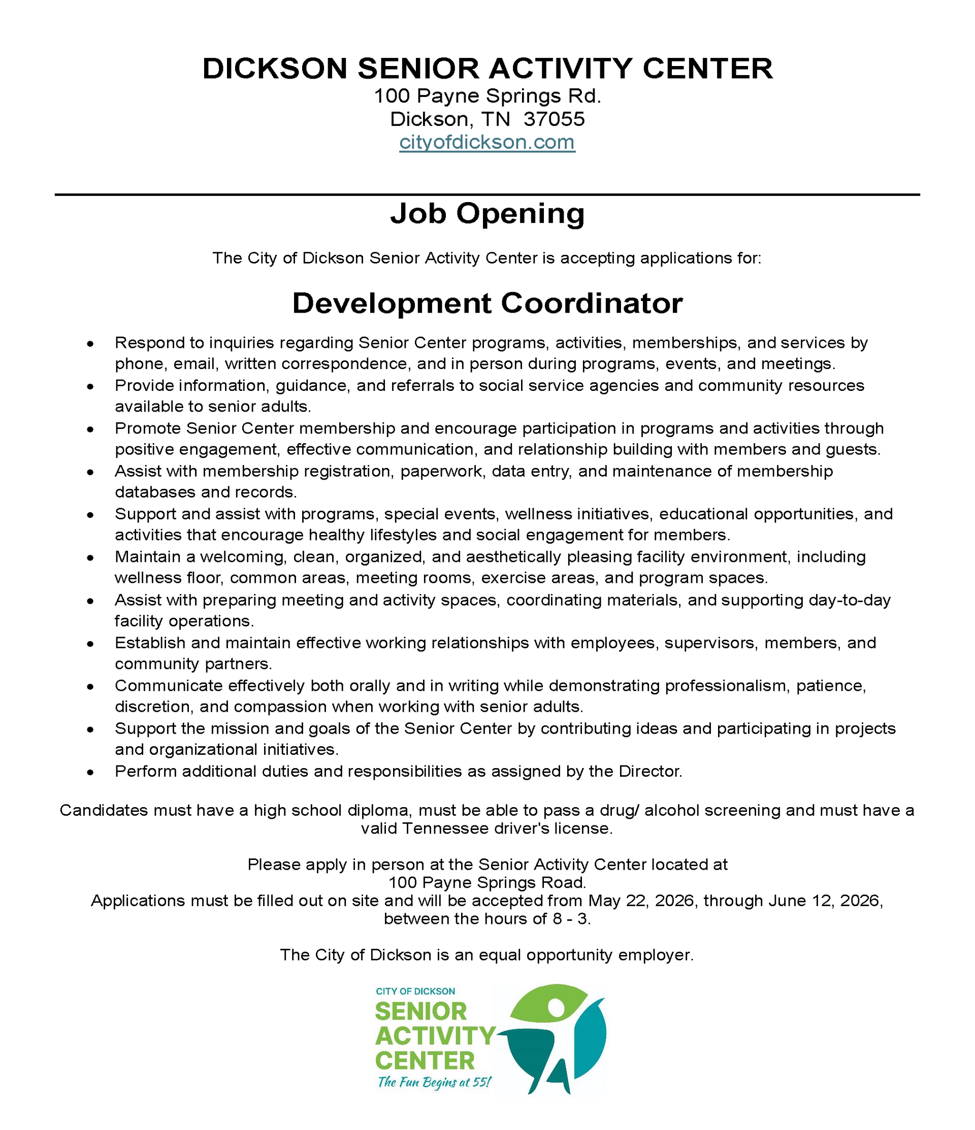 Job opening notice for Development Coordinator at Dickson Senior Activity Center 