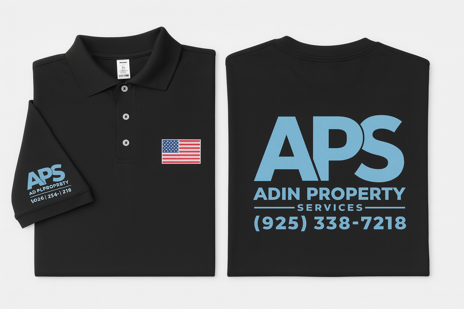 Black polo shirt, front and back, with "APS Adin Property Services" logo and American flag patch.
