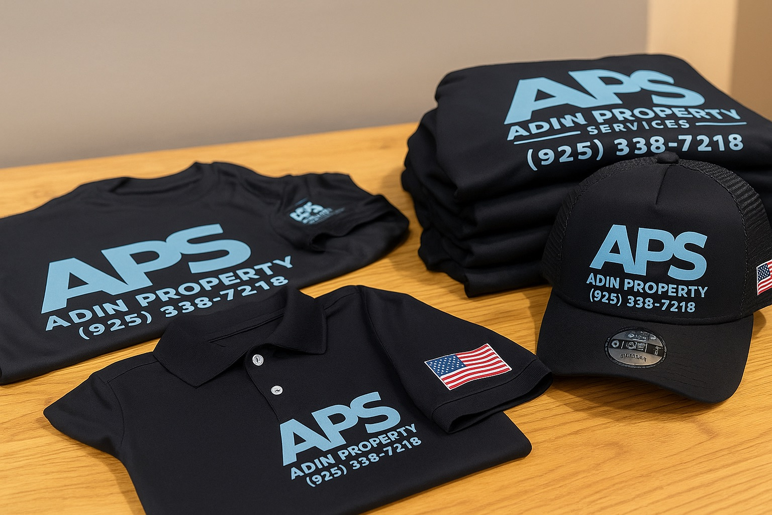 Black APS branded apparel: t-shirt, polo, hat, and sweatshirts on a wood table.