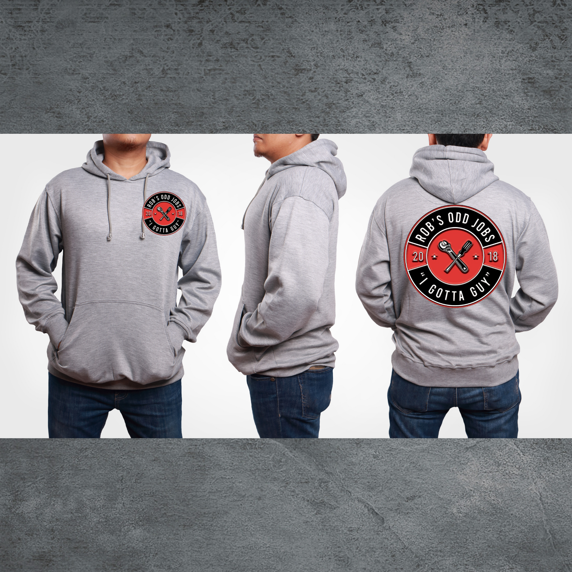 Gray hoodie with a logo on the chest and back, shown from front, side, and back views.