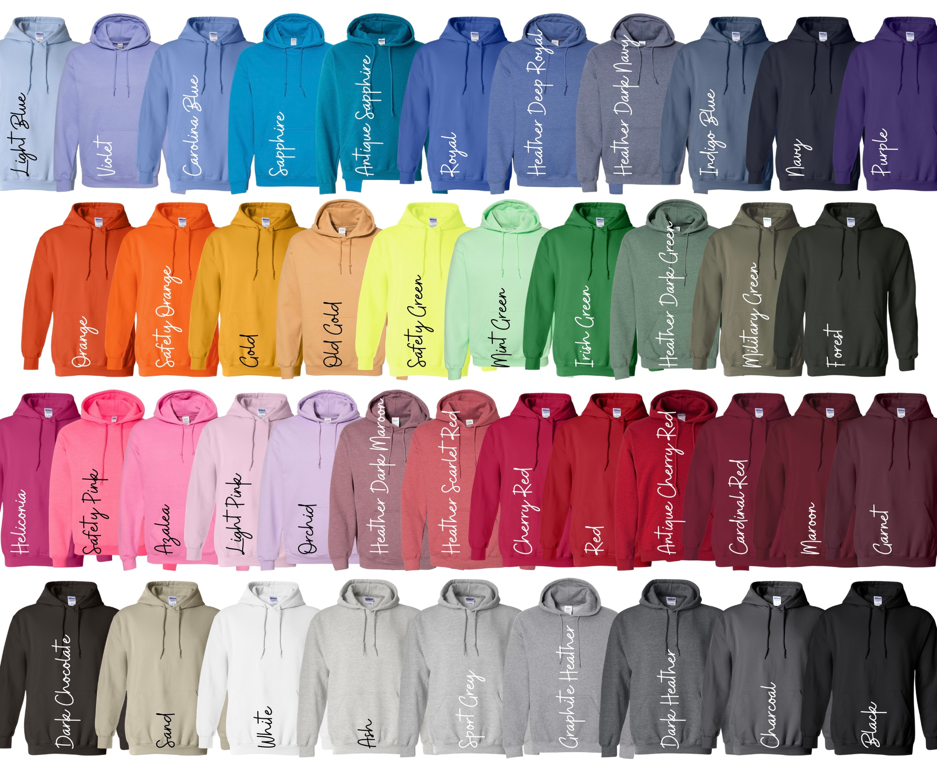 Rows of hooded sweatshirts in a wide variety of colors, including blue, orange, green, pink, and gray.