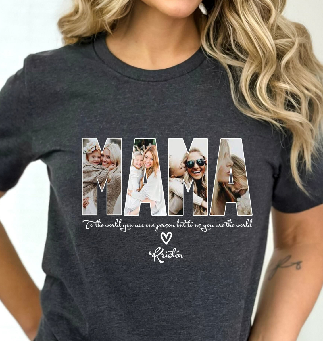 Woman wearing a dark gray t-shirt with the word "MAMA" containing photos; inscription reads "To the world, you are a mom, but to our family, you are the world".