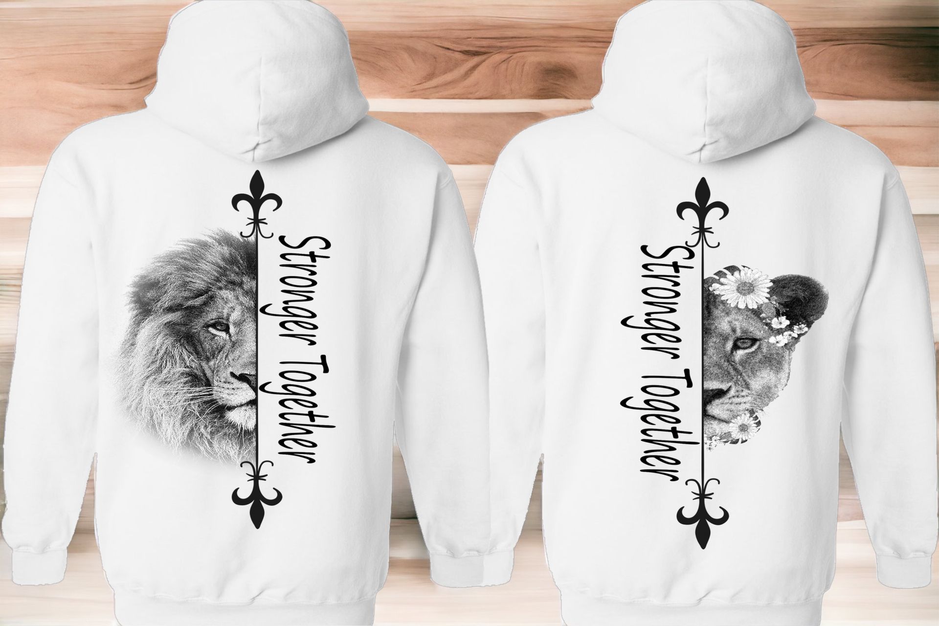Two white hoodies with lion faces split vertically, "Stronger Together" text, a fleur-de-lis.