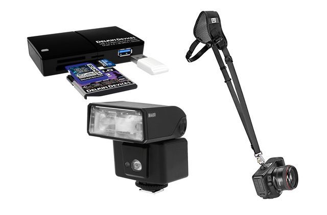 A camera , flash , and tripod are shown on a white background.