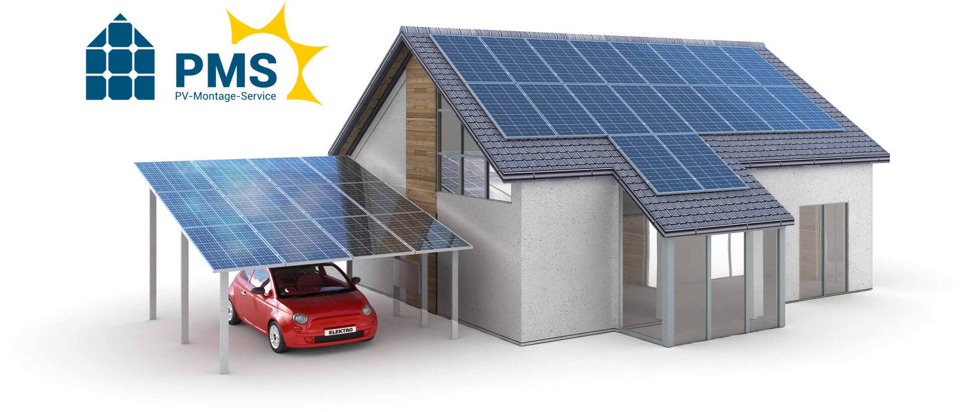 Ein Modellhaus mit Solarzellen auf dem Dach und einem darunter geparkten Auto.