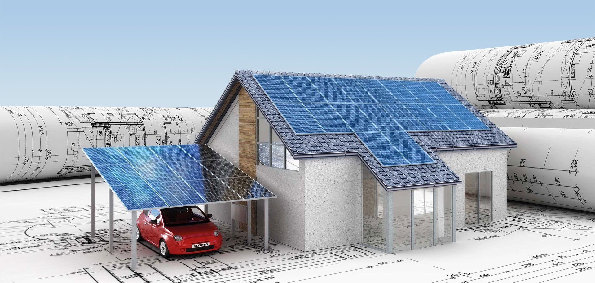 Ein Modellhaus mit Solarzellen auf dem Dach und einem darunter geparkten Auto.