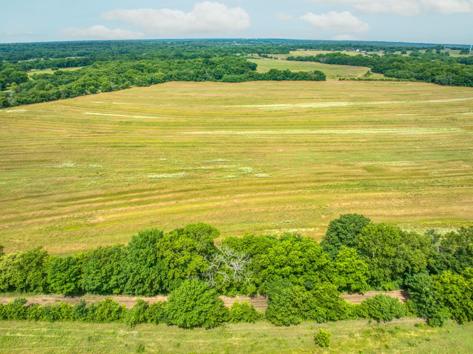 Expansive farmland bordered by trees under a partly cloudy sky.