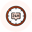 A clock with a speech bubble that says 24h on it.