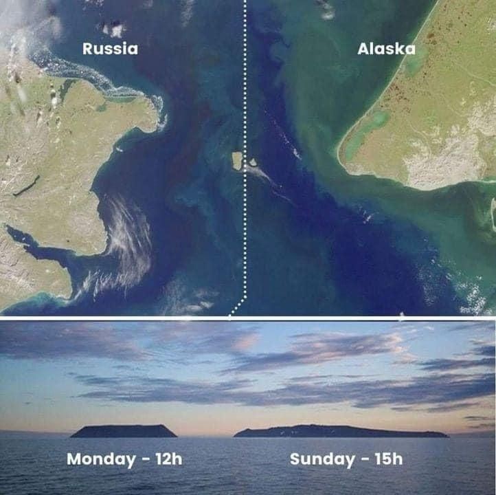 A map of russia and alaska showing the time of day