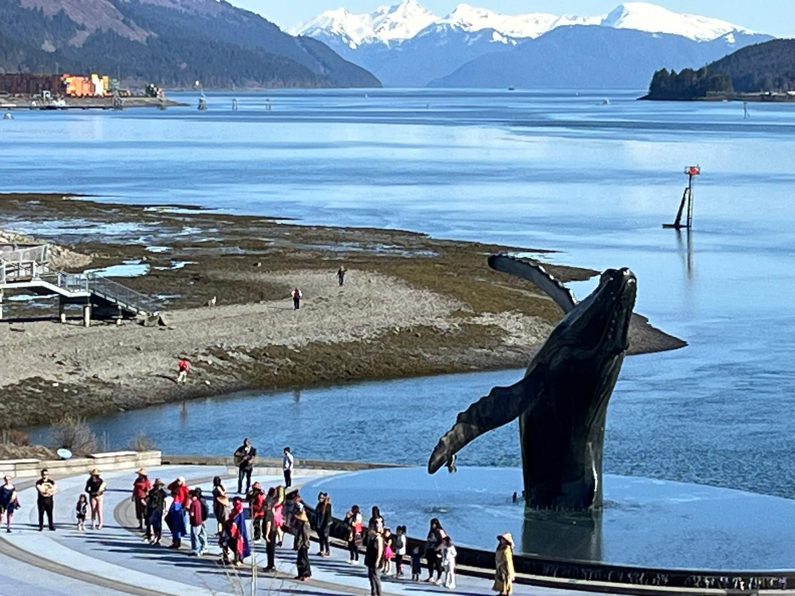 A statue of a humpback whale is in the middle of a body of water in Juneau Tour Guides