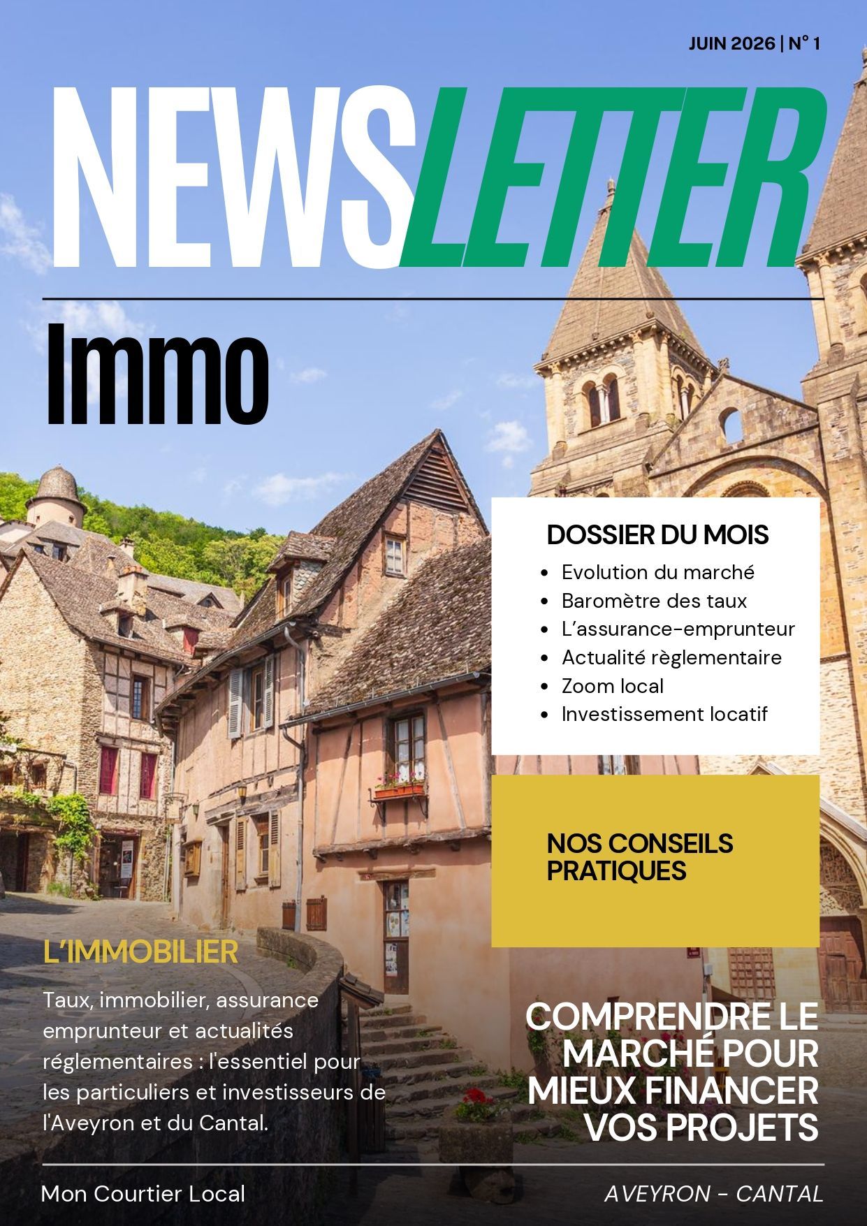Couverture newsletter Juin 2026, Mon Courtier Local, expert en crédits et assurances à Montsalvy, Cantal et Aveyron