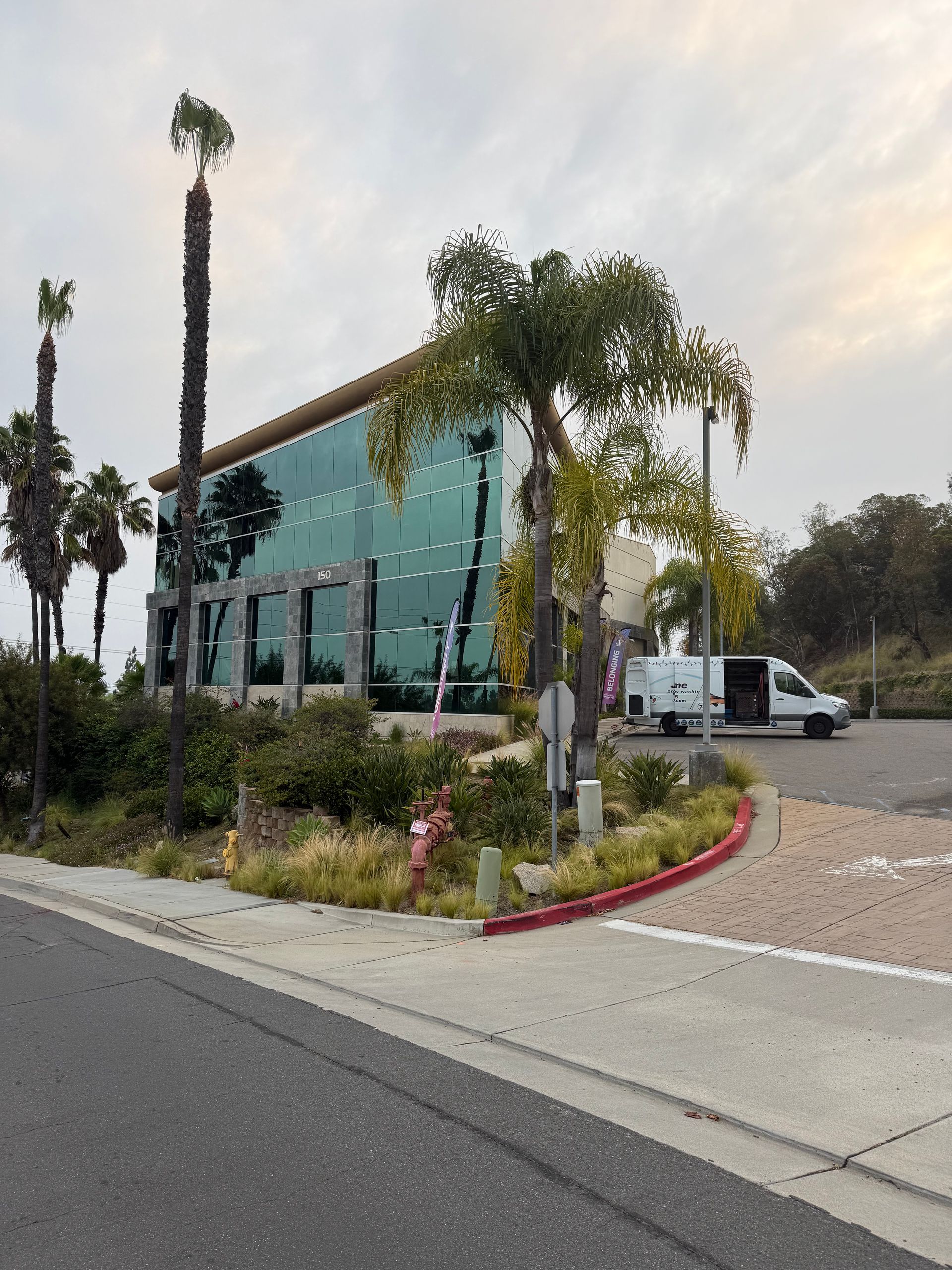 Modern glass office building beside a palm-lined road with a white van parked outside