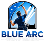 Blue Arc window cleaning logo with a worker squeegeeing a window under a blue sky
