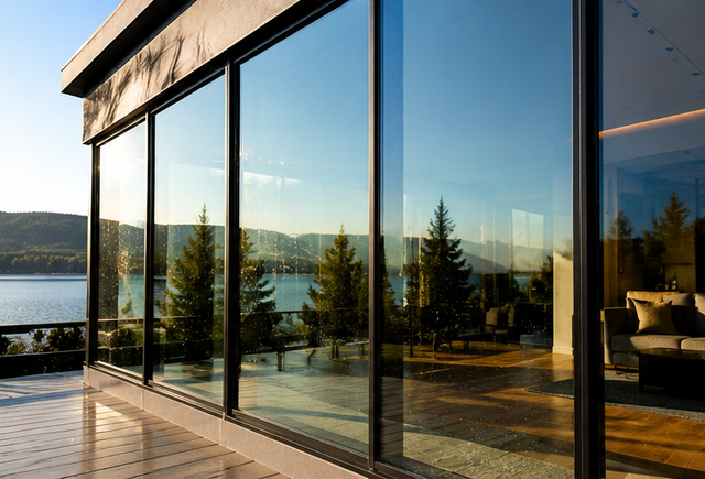 Sliding glass window on a stucco exterior wall, reflecting trees and a patio with a bicycle.