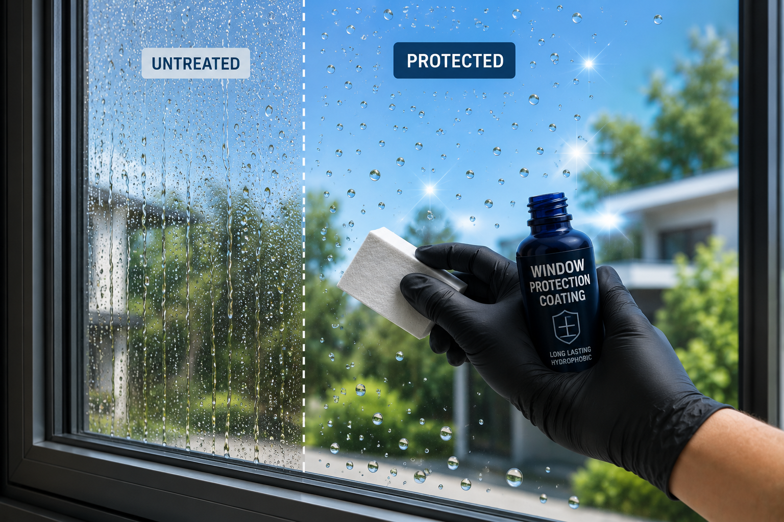 Gloved hand applies cleaner to window, showing water droplets on “untreated” and “protected” sides.