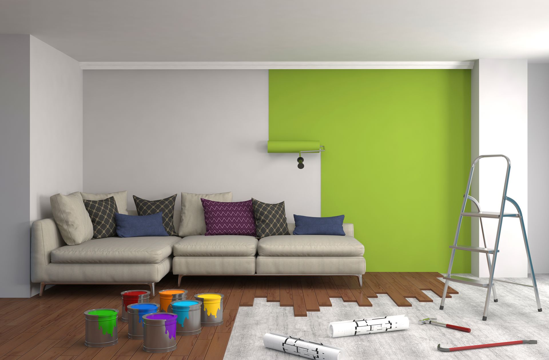 A living room with a couch and a green wall being painted.