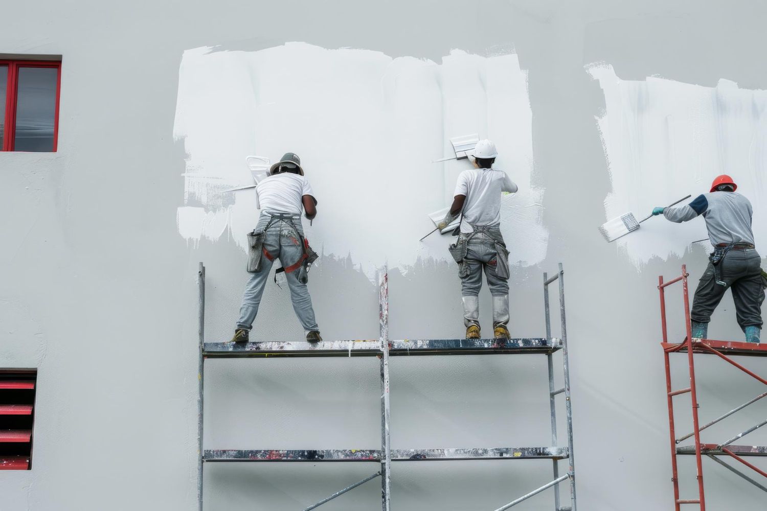 Three men are painting a building on scaffolding.