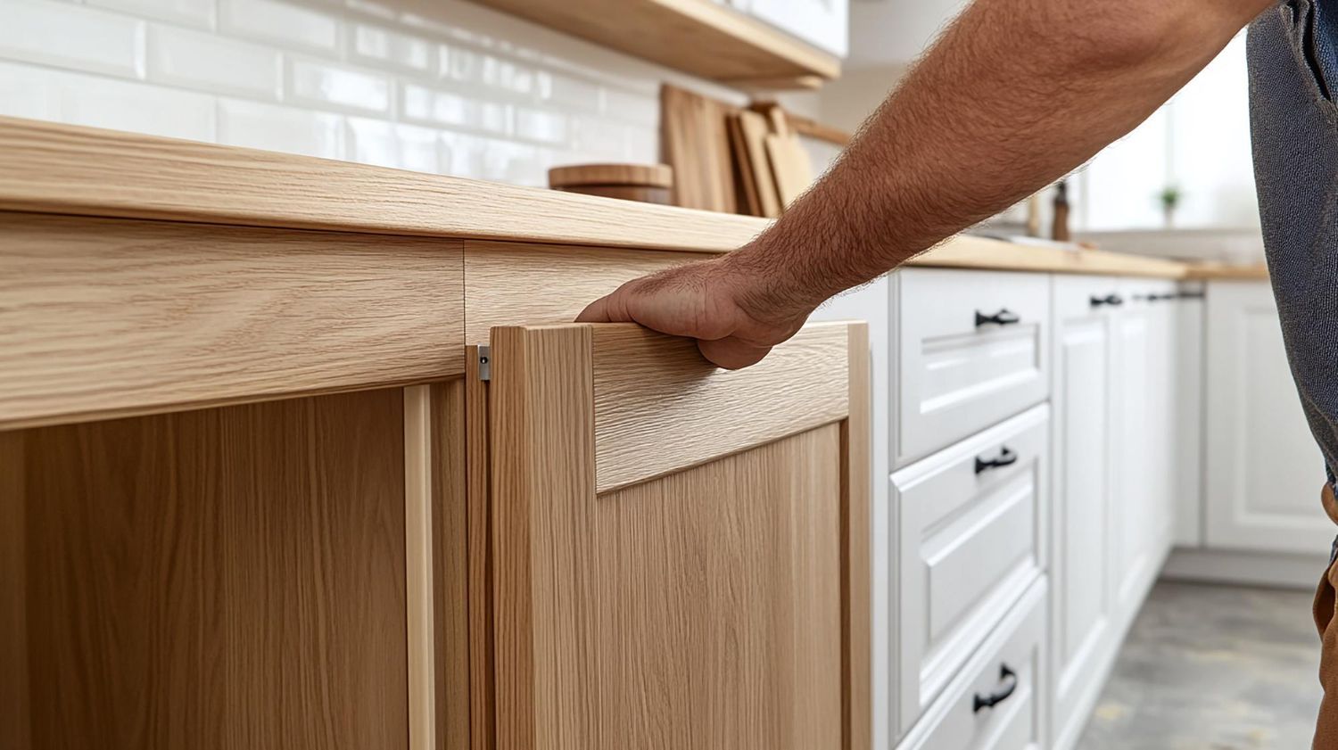 A man is holding a wooden cabinet door in a kitchen.