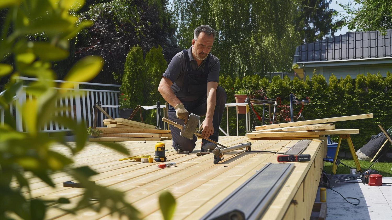 A man is using a circular saw on a wooden deck.