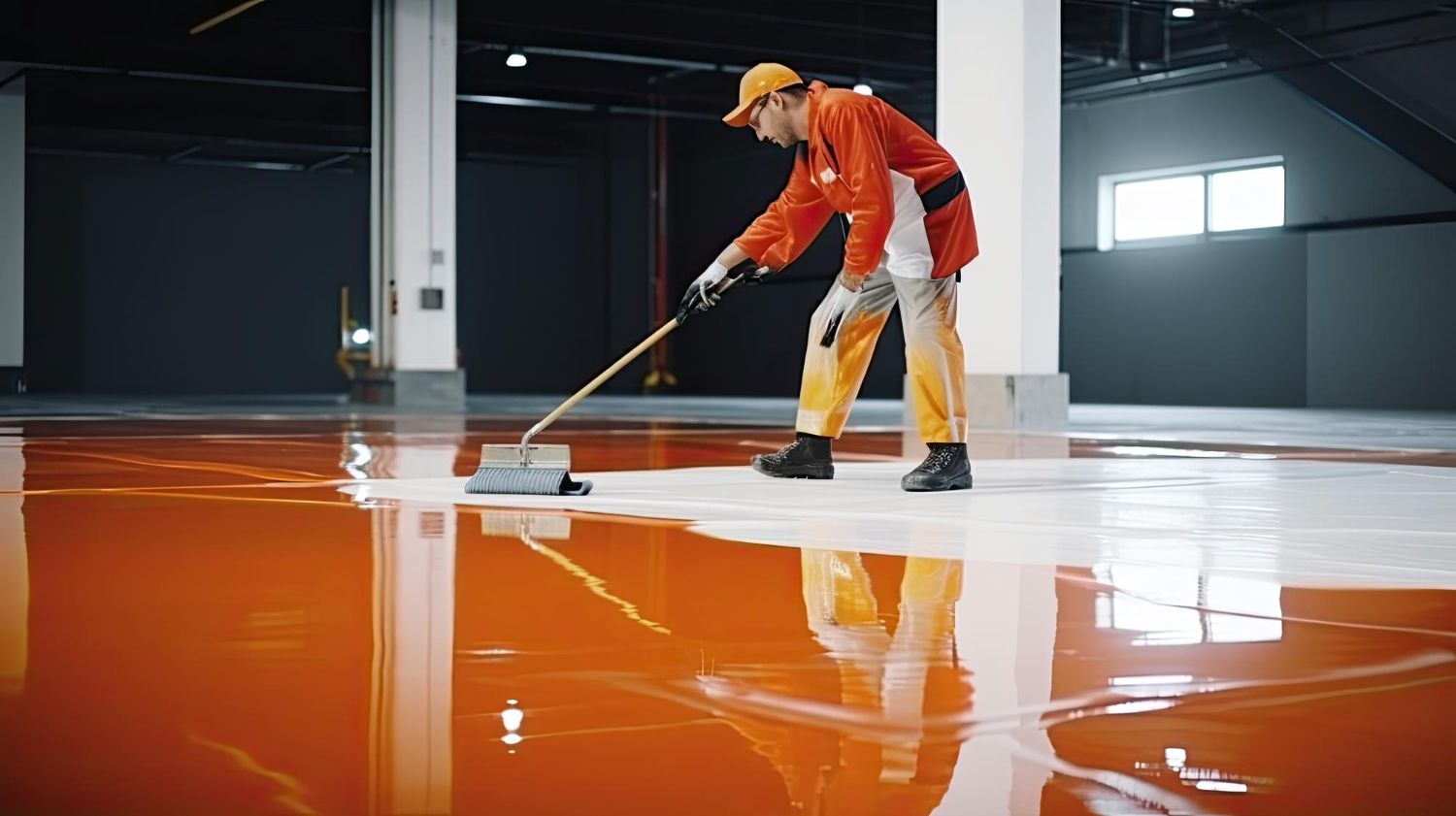 A man is painting a warehouse floor with a broom.