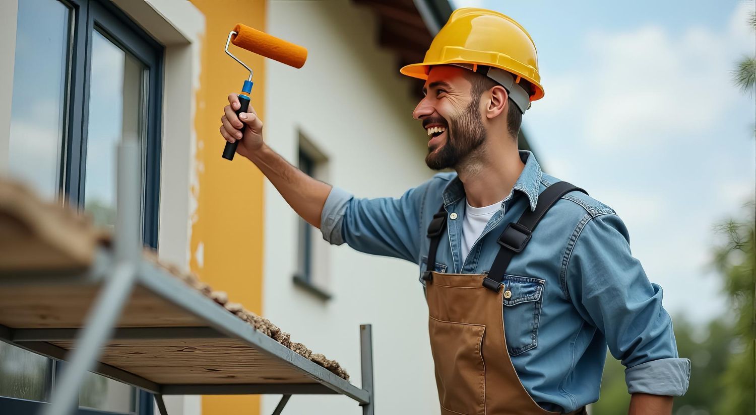 A man is painting a house with a paint roller.