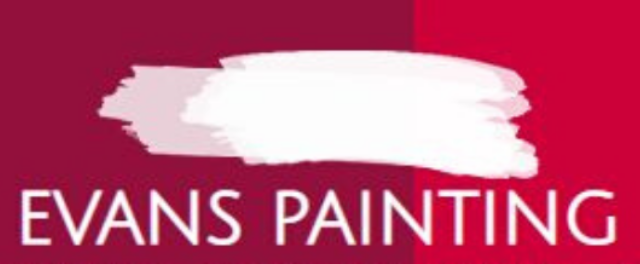 A red and white logo for evans painting