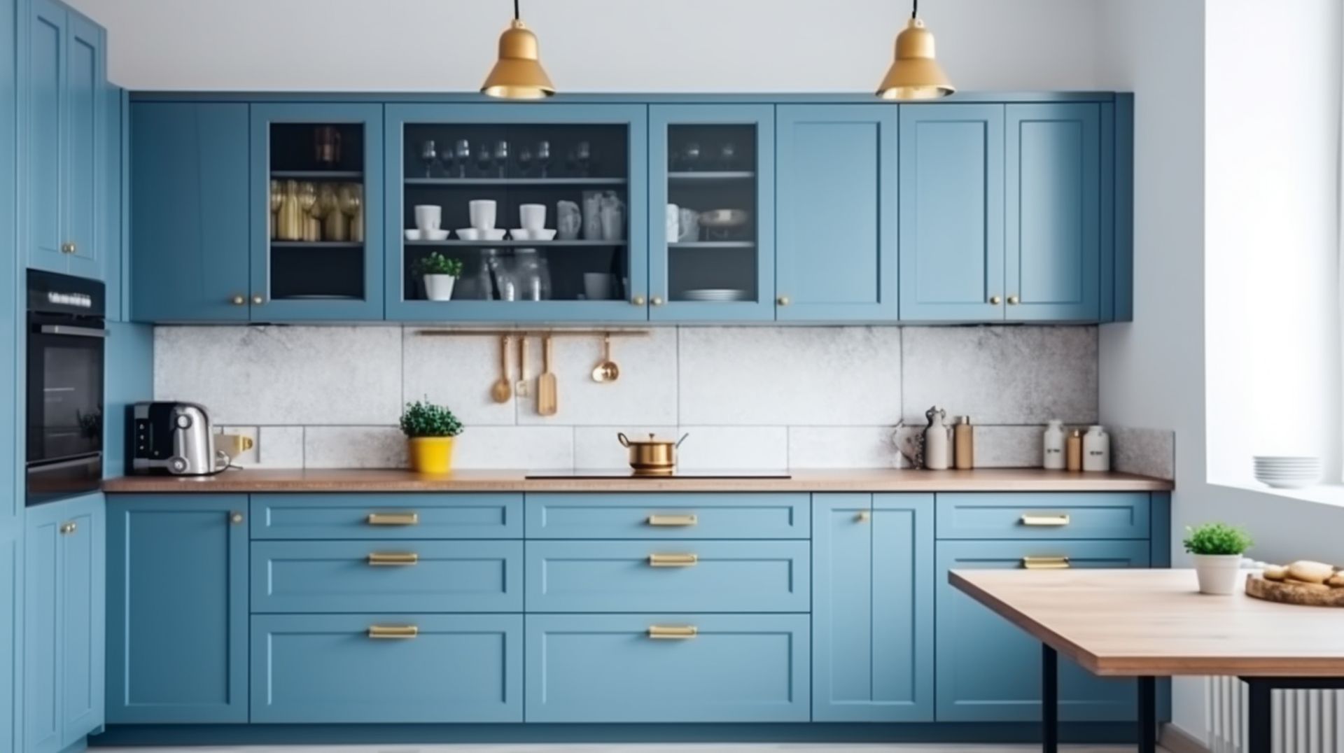 A kitchen with blue cabinets and a wooden table.