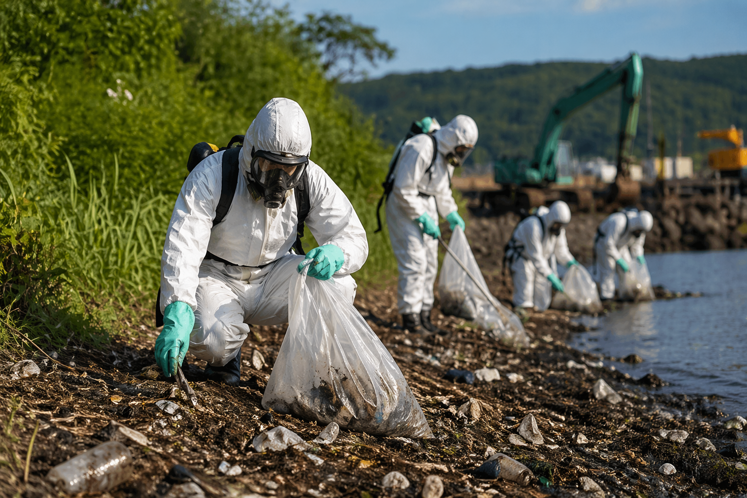 Operai in tute protettive bianche raccolgono rifiuti lungo una costa inquinata.