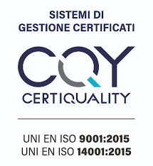 Logo CQY Certiquality with “Sistemi di gestione certificati” and ISO 9001:2015, ISO 14001:2015 text