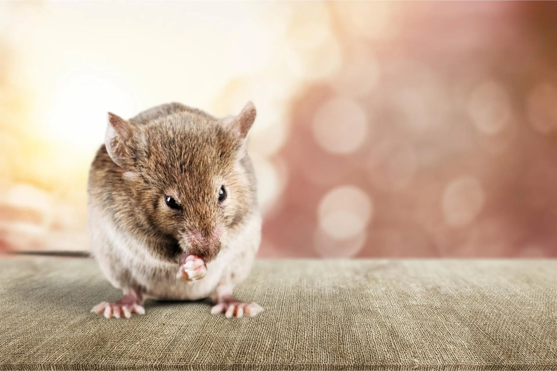 Un piccolo criceto marrone su una superficie ruvida, con uno sfondo beige morbido e sfocato.