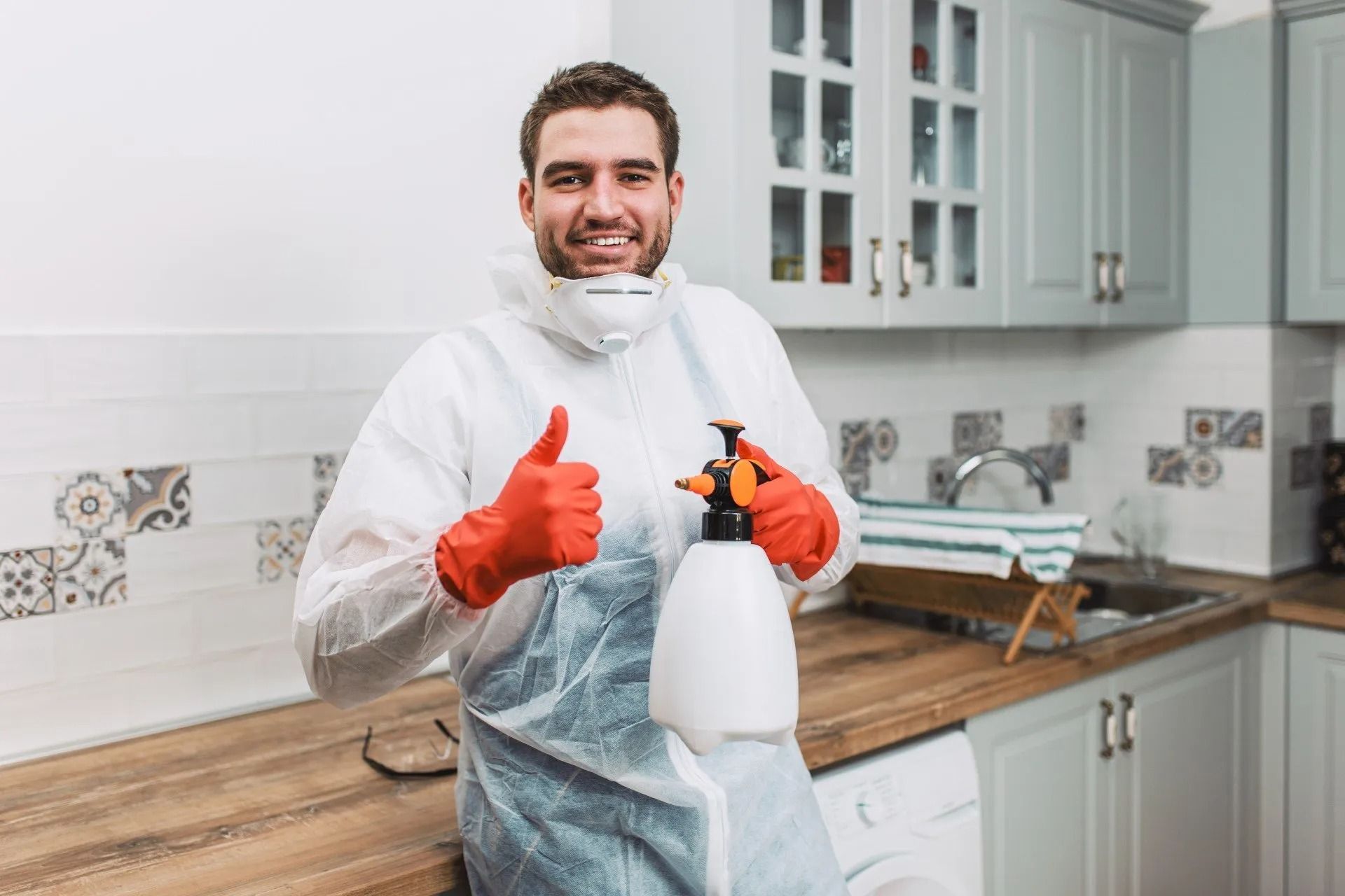 Una persona in cucina, con indosso indumenti protettivi e guanti rossi, sorride mentre tiene in mano un flacone spray.