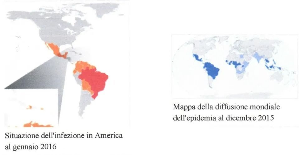 Due mappe del mondo: la situazione della dengue nelle Americhe nel 2016 e la diffusione globale dell'epidemia nel dicembre 2015.