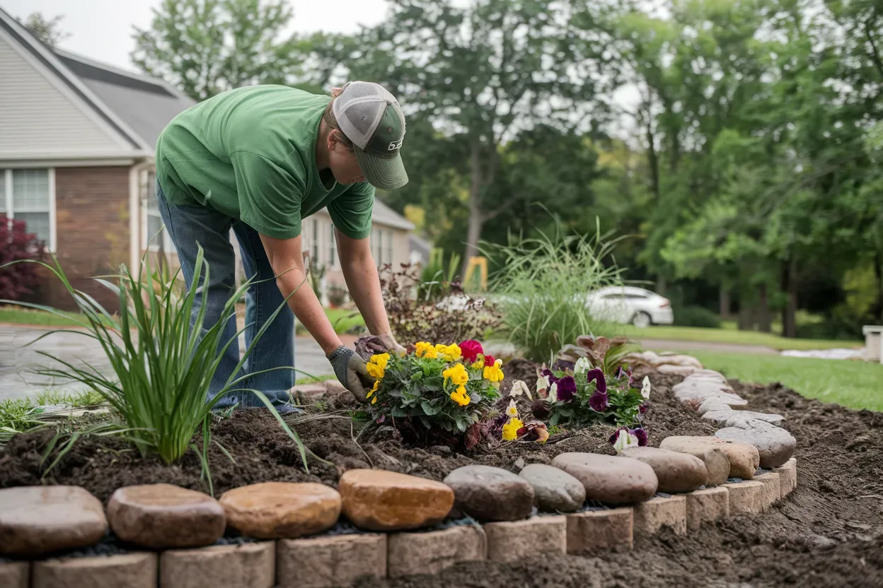 A man is planting flowers in a garden.