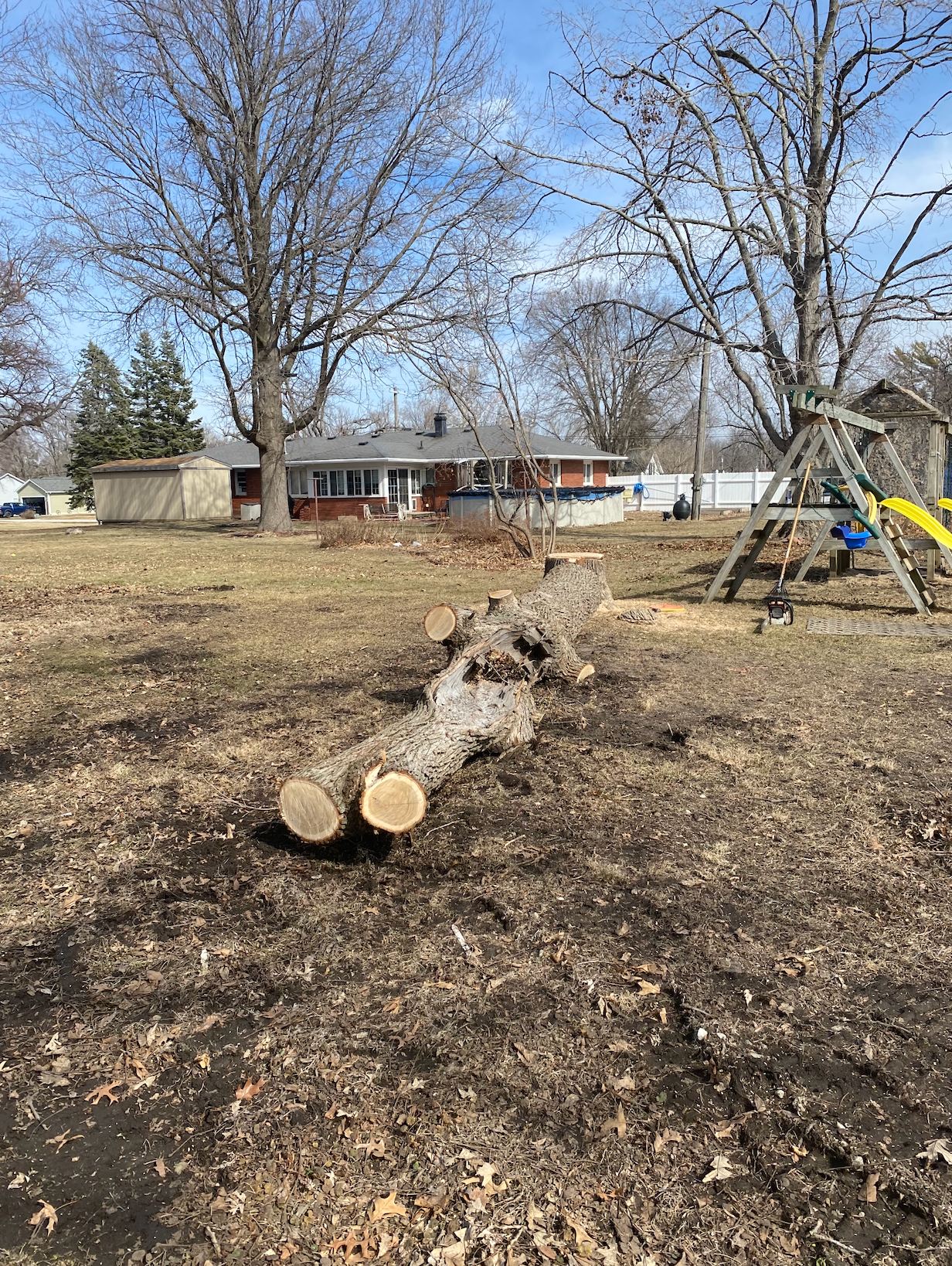 A tree stump is laying on the ground in a yard.