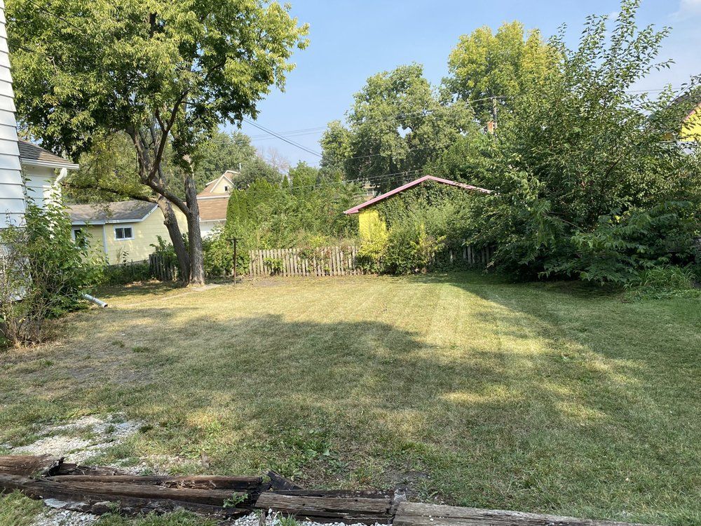 A backyard with a lot of grass and trees and a house in the background.